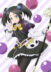 Rule 34 | 1girl, beads, belt, black dress, black hair, black pantyhose, blue eyes, bow, brown belt, capelet, dress, futoku no guild, hair beads, hair ornament, highres, holding, holding staff, index finger raised, long hair, long sleeves, nail polish, open mouth, pantyhose, pink nails, purple capelet, short dress, smile, solo, staff, standing, striped, striped background, teina, tokishikko dana, twintails, yellow bow