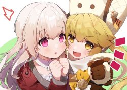 Rule 34 | 2girls, :o, ^^^, blonde hair, blush, brown coat, brown gloves, cheek-to-cheek, clara (honkai: star rail), clenched hands, coat, commentary, detached collar, fur-trimmed coat, fur trim, gloves, green background, heads together, honkai: star rail, honkai (series), hook (honkai: star rail), long hair, long sleeves, multiple girls, omuretsu, open mouth, parted lips, pink eyes, red coat, sidelocks, simple background, smile, two-tone background, upper body, white background, white coat, white hair, white headwear, yellow eyes