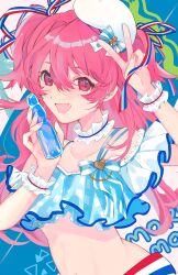 1girl aozora_no_saki_kagayaki_wo_oikakete_(project_sekai) bikini bottle choker fang frills hair_between_eyes hair_ribbon hat highres holding holding_bottle kusamoto_sora long_hair looking_at_viewer momoi_airi navel open_mouth pink_eyes pink_hair project_sekai ramune ribbon smile solo swimsuit two_side_up v