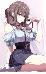 Rule 34 | :p, bare shoulders, belt, blue skirt, blush, breasts, brown hair, buttons, closed mouth, hand on own foot, heart, highres, holding, holding ribbon, kneeling, large breasts, long hair, looking at viewer, miniskirt, original, pink ribbon, pleated skirt, red eyes, ribbon, shirt tucked in, short sleeves, skirt, socks, solo, tongue, tongue out, twintails, wata (attaka towel), white socks