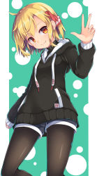 Rule 34 | 1girl, black hoodie, black pantyhose, black shorts, blonde hair, breasts, closed mouth, commentary request, drawstring, fang, fang out, hair ribbon, hand up, highres, hood, hood down, hoodie, pantyhose under shorts, long sleeves, pantyhose, puffy long sleeves, puffy sleeves, red eyes, red ribbon, ribbon, rumia, short shorts, shorts, small breasts, smile, solo, touhou, uumaru
