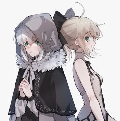 Rule 34 | 2girls, :d, ahoge, artoria pendragon (all), artoria pendragon (fate), black bow, black cape, black ribbon, blonde hair, bow, breasts, cape, fate/unlimited codes, fate (series), gray (fate), green eyes, grey hoodie, hair between eyes, hair bow, highres, hood, hood up, hooded, hoodie, long hair, lord el-melloi ii case files, multiple girls, nayu tundora, neck ribbon, open mouth, own hands clasped, own hands together, parted lips, ponytail, ribbon, saber lily, silver hair, simple background, sleeveless, small breasts, smile, upper body, white background