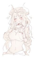 Rule 34 | 1girl, ^ ^, absurdres, blush, breasts, brooch, closed eyes, cocoballking, commentary, crop top, fake horns, food, genshin impact, hands up, highres, holding, holding food, horns, jewelry, limited palette, long hair, medium breasts, midriff, navel, nilou (genshin impact), solo, stomach, symbol-only commentary, upper body, veil
