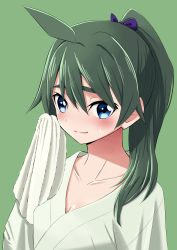 Rule 34 | 1girl, absurdres, ahoge, commentary request, dougi, green background, green eyes, green hair, hair over shoulder, hasegawa (hase popopo), highres, long hair, looking at viewer, ponytail, saegusa wakaba, simple background, solo, towel, upper body, vividred operation