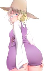 Rule 34 | 1girl, ass, blonde hair, blue eyes, blush, breasts, covering privates, covering ass, from behind, hat, highres, huge ass, long sleeves, looking at viewer, looking back, miniskirt, moriya suwako, plump, purple skirt, shishi juuroku, short hair, skirt, skirt set, sleeves past wrists, small breasts, solo, thick thighs, thighs, touhou, white background, wide hips