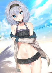 Rule 34 | 10s, 1girl, :o, arm at side, bare shoulders, bikini, bikini skirt, black bikini, black hairband, blush, collarbone, cowboy shot, day, ero waifu, feathers, frilled bikini, frills, gluteal fold, grey jacket, hair between eyes, hairband, jacket, layered bikini, lens flare, light rays, long sleeves, looking at viewer, navel, ocean, official style, open clothes, open jacket, open mouth, pier, ryuuou no oshigoto!, shade, shore, short hair, silver hair, sleeves past fingers, sleeves past wrists, solo, sora ginko, standing, stomach, sunbeam, sunlight, swimsuit, tareme, thigh gap, thighs, undressing, water