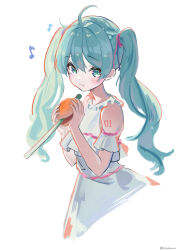 Rule 34 | 1girl, ahoge, aqua eyes, aqua hair, bare shoulders, burger, chinese commentary, commentary, cropped torso, dress, eating, eighth note, food, full mouth, hair ribbon, hatsune miku, highres, holding, holding food, light blush, looking at viewer, mixed-language commentary, musical note, nisokurui, pink ribbon, ribbon, shoulder tattoo, simple background, sleeveless, sleeveless dress, solo, spring onion, tattoo, twintails, vocaloid, white background, white dress