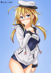 Rule 34 | 1girl, alternate costume, anti (untea9), artist logo, blonde hair, blue bow, blue ribbon, blush, bow, breasts, collarbone, cosplay, cowboy shot, embarrassed, feet out of frame, glasses, hair between eyes, hair ribbon, hat, highres, hood, hooded jacket, i-8 (kancolle), jacket, kantai collection, large breasts, lifebuoy, low twintails, name tag, one-piece swimsuit, peaked cap, red-framed eyewear, ribbon, sailor hat, school swimsuit, semi-rimless eyewear, simple background, solo, sweatdrop, swim ring, swimsuit, swimsuit under clothes, thighs, twintails, under-rim eyewear, white jacket, yukikaze (kancolle), yukikaze (kancolle) (cosplay)