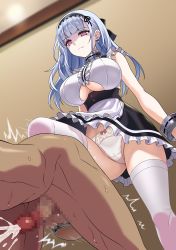 Rule 34 | 1boy, 1girl, absurdres, azur lane, ball busting, bdsm, blue hair, bracelet, breasts, cbt, censored, choker, clothed female nude male, cum, dido (azur lane), earrings, ejaculation, femdom, hair ornament, highres, jewelry, large breasts, light blue hair, maid, mosaic censoring, nude, panties, penis, pink eyes, sirano, thighhighs, underwear, white panties, white thighhighs