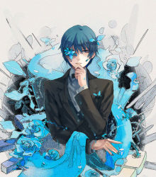 Rule 34 | 1boy, blue eyes, blue hair, blue rose, flower, formal, kaito (vocaloid), male focus, matching hair/eyes, nail polish, otosume ruiko, rose, solo, suit, vocaloid