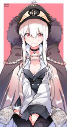 Rule 34 | 1girl, 3:, aiguillette, artist name, black footwear, blush, boots, breasts, character name, cloak, closed mouth, coat, cowboy shot, cross, fur trim, girls&#039; frontline, hair between eyes, hat, highres, iron cross, kar98k (girls&#039; frontline), long hair, long sleeves, looking at viewer, medium breasts, peaked cap, red eyes, signature, solo, thigh boots, thighhighs, tosyeo, very long hair, white hair