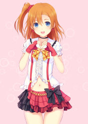 Rule 34 | 10s, 1girl, :d, black bow, blue eyes, bokura wa ima no naka de, bow, breasts, clothing cutout, earrings, fingerless gloves, gloves, hair ornament, hair scrunchie, heart, heart cutout, heart hands, highres, jewelry, kosaka honoka, long hair, looking at viewer, love live!, love live! school idol project, midriff, n.g., navel, one side up, open mouth, orange hair, pink bow, red gloves, scrunchie, side ponytail, skirt, small breasts, smile, solo, standing