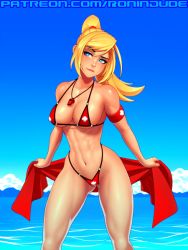 Rule 34 | 1girl, armband, bikini, blonde hair, blue eyes, breasts, cleavage, collarbone, commentary, english commentary, feet out of frame, gluteal fold, hair between eyes, highleg, highleg bikini, large breasts, lifeguard, lip biting, long hair, metroid, navel, nintendo, outdoors, paid reward available, patreon username, ponytail, ronindude, samus aran, solo, standing, swimsuit, water, whistle