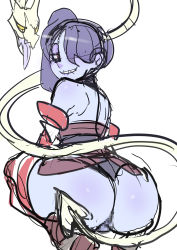 Rule 34 | 1girl, ass, back, backless outfit, bad id, bad pixiv id, bare shoulders, blue skin, censored, colored skin, detached sleeves, from behind, grin, hair over one eye, highres, huge ass, leviathan (skullgirls), looking back, maniacpaint, mosaic censoring, naughty face, no panties, pussy, red eyes, side ponytail, sketch, skullgirls, smile, solo, squatting, squigly (skullgirls), stitched mouth, stitches, striped legwear, zombie