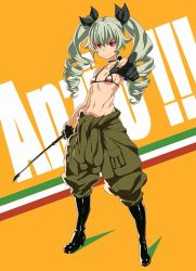 Rule 34 | 10s, 1girl, anchovy (girls und panzer), anzio military uniform, bare shoulders, bikini, bikini top only, black gloves, boots, breasts, clothes around waist, drill hair, girls und panzer, gloves, green hair, hair ribbon, jacket, jacket around waist, looking at viewer, navel, pointing, pointing at viewer, red eyes, ribbon, small breasts, smile, solo, swimsuit, tasaka shinnosuke, twintails