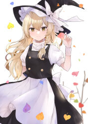 Rule 34 | 1girl, absurdres, apron, bare tree, black hat, black vest, blonde hair, bow, braid, closed mouth, commentary request, hat, hat bow, highres, kirisame marisa, leaf, long hair, looking at viewer, short sleeves, side braid, simple background, single braid, smile, solo, touhou, tree, turtleneck, vest, waist apron, white apron, white background, white bow, witch hat, yellow eyes, yurara (aroma42enola)