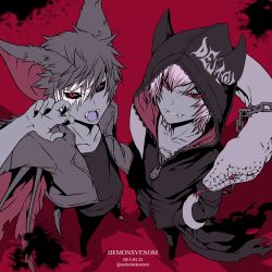 Rule 34 | 10s, 2boys, animal ears, bat ears, bat wings, black nails, black sclera, colored sclera, cropped jacket, dated, demon bat (show by rock!!), demon mangu (show by rock!!), denim, fangs, fingernails, from above, hands in pockets, hood, hoodie, horns, jeans, limited palette, male focus, moruhu, multiple boys, nail polish, pants, pointy ears, red background, red sclera, sharp fingernails, show by rock!!, simple background, snake, twitter username, wings