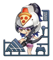Rule 34 | 1girl, adidas, agustinus, barefoot, black eyes, black hair, blue sky, breasts, chibi, commentary, controller, daikou-chan, english commentary, food, glasses, gradient hair, gundam, gunpla, helmet, holding, kson, licking lips, medium breasts, microphone, model kit, multicolored hair, pink shorts, pizza, pizza slice, ponytail, real life, shirt, shorts, sky, smile, soles, solo, tongue, tongue out, virtual youtuber, white shirt