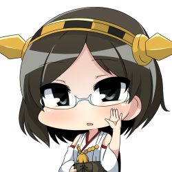 Rule 34 | 10s, 1girl, big head, black eyes, black hair, chibi, detached sleeves, glasses, hairband, hand on own hip, hand up, headgear, kantai collection, kirishima (kancolle), nontraditional miko, open mouth, simple background, solo, twumi, white background, wide sleeves