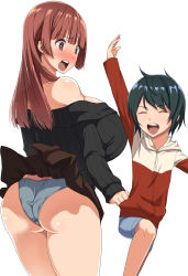 Rule 34 | 1boy, 1girl, :o, ass, bare shoulders, blush, breasts, brown eyes, brown hair, clothes lift, highres, huge breasts, kloah, long hair, open mouth, simple background, skirt, skirt flip, skirt lift, smile, teeth, thighs, white background