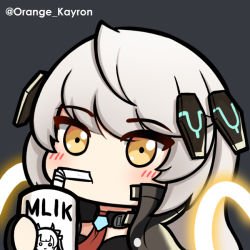 Rule 34 | 1girl, bendy straw, black jacket, blush, character print, chibi, choker, commentary, counter:side, cup, double halo, drinking, drinking straw, drinking straw in mouth, glowing, grey background, hair ornament, halo, hilde (counter:side), holding, holding cup, jacket, long hair, necktie, orange crayon!, pentagon (shape), portrait, red necktie, silver hair, solo, twitter username, typo, yellow eyes