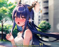Rule 34 | 1girl, @ @, ai-assisted, arknights, bare shoulders, blue hair, blurry, blurry background, blush, breasts, ch&#039;en (arknights), disembodied hand, dragon horns, embarrassed, hair between eyes, highres, horn grab, horns, jewelry, lattekoi5252, long hair, looking at viewer, medium breasts, nose blush, open mouth, outdoors, pendant, red eyes, sidelocks, solo focus