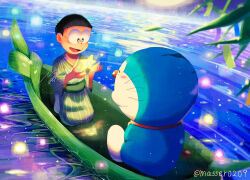Rule 34 | 1boy, ^ ^, artist name, bamboo, black eyes, black hair, blush, boat, closed eyes, closed mouth, collar, commentary request, doraemon, doraemon (character), glasses, green kimono, green sash, hands up, japanese clothes, kimono, kneeling, long sleeves, looking at another, male focus, masser0209, night, nobi nobita, obi, open mouth, outdoors, red collar, sash, short hair, signature, sitting, smile, star (symbol), striped clothes, striped kimono, tanabata, tanzaku, twitter username, vertical-striped clothes, vertical-striped kimono, water, watercraft, whiskers, wide sleeves
