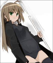 Rule 34 | 1girl, ahoge, aka ume, black one-piece swimsuit, brown hair, green eyes, no pants, one-piece swimsuit, open clothes, open shirt, original, school swimsuit, shirt, solo, swimsuit, swimsuit under clothes, thighhighs