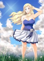 Rule 34 | 10s, 1girl, adahcm, arm behind back, arm up, bare arms, bare legs, bare shoulders, blonde hair, blue eyes, blue sky, blue tube top, boku no hero academia, breasts, cleavage, clothes lift, cloud, collarbone, collared shirt, cowboy shot, day, earrings, female focus, floating hair, grass, highres, jewelry, large breasts, legs, looking at viewer, melissa shield, mountain, multicolored clothes, multicolored skirt, neck, necklace, outdoors, pleated skirt, shirt, sidelocks, skirt, skirt lift, sky, smile, solo, standing, strapless, swept bangs, thighs, tube top, white skirt, wind, wind lift