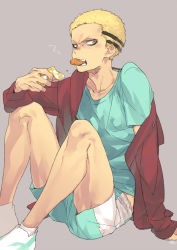 Rule 34 | 1boy, angry, arm support, bad id, bad pixiv id, bare legs, biting, black hair, blonde hair, blue shirt, collarbone, eating, food, grey background, haikyuu!!, holding, holding food, jacket, kyoutani kentarou, long sleeves, looking at viewer, male focus, mouth hold, multicolored hair, open clothes, open jacket, open mouth, red jacket, shirt, short hair, short sleeves, shorts, simple background, sitting, solo, t-shirt, teeth, toujou sakana, track jacket, two-tone hair, white footwear