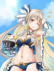 Rule 34 | 1girl, akino shuu, arm up, armpits, bare shoulders, bikini, bikini under clothes, blue bikini, blue sky, bowl, brown eyes, character request, closed mouth, cloud, commentary request, day, flying sweatdrops, grey hair, hand on own head, holding, holding bowl, holding spoon, long hair, long sleeves, looking at viewer, navel, one eye closed, open clothes, outdoors, see-through, sennen sensou aigis, side-tie bikini bottom, sky, solo, spoon, swimsuit, twitter username, very long hair, wavy mouth
