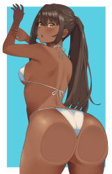 Rule 34 | 1girl, against glass, armpits, arms up, ass, ass focus, ass on glass, ass press, back, bikini, blue background, border, breasts, brown hair, cowboy shot, dark-skinned female, dark skin, from behind, hai ookami, hair between eyes, leaning forward, light blush, long hair, looking at viewer, looking back, medium breasts, open mouth, original, ponytail, sideboob, silver bikini, simple background, solo, standing, swimsuit, thighs, thong, white bikini, white border, yellow eyes