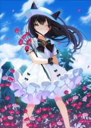 Rule 34 | 1girl, bad id, bad pixiv id, black hair, blush, bow, cloud, cloudy sky, day, dress, eyebrows, field, flower, flower field, frilled dress, frills, hair between eyes, hat, long hair, mingou91, one eye closed, original, outdoors, petals, sky, smile, solo, white dress, wind, windmill, yellow eyes
