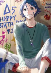 Rule 34 | 1boy, aqua shirt, blue eyes, blue hair, collarbone, dated, hand on own leg, happy birthday, hayate immelmann, highres, jewelry, long sleeves, looking at viewer, macross, macross delta, male focus, necklace, paint splatter, pants, pote-mm, shirt, sitting, smile, solo, white pants