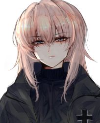 Rule 34 | 1girl, black jacket, black shirt, blue eyes, casual, closed mouth, emblem, girls und panzer, half-closed eyes, itsumi erika, jacket, looking at viewer, medium hair, mityubi, open clothes, open jacket, portrait, shirt, silver hair, simple background, solo, white background