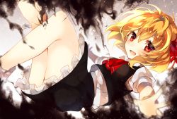 Rule 34 | 1girl, asada sadao, ascot, bad id, bad pixiv id, blonde hair, darkness, hair ribbon, looking at viewer, open mouth, outstretched arms, puffy short sleeves, puffy sleeves, red eyes, ribbon, rumia, shirt, short sleeves, skirt, skirt set, smile, solo, touhou, vest