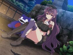 Rule 34 | 1girl, bebe-tan, boots, breasts, gloves, hair ribbon, hand on own chest, hat, large breasts, murasaki (senran kagura), night, official art, on floor, plant, purple eyes, purple hair, ribbon, senran kagura, senran kagura new link, thighhighs, torn clothes