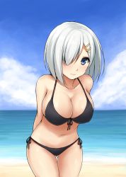 Rule 34 | 10s, 1girl, arms behind back, beach, bikini, black bikini, black theme, blue eyes, bra, breasts, cleavage, cloud, cowboy shot, day, don (29219), female focus, front-tie top, hair ornament, hair over one eye, hairclip, hamakaze (kancolle), kantai collection, large breasts, looking at viewer, navel, ocean, outdoors, shore, short hair, side-tie bikini bottom, silver hair, sky, smile, solo, swimsuit, underwear, water