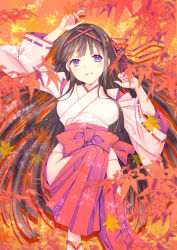 Rule 34 | 1girl, absurdres, autumn leaves, black hair, blue eyes, blunt bangs, breasts, hair ribbon, highres, japanese clothes, leaf, long hair, long skirt, lying, maple leaf, medium breasts, miko, nanase aoi, on back, open mouth, original, pleated skirt, red ribbon, ribbon, side slit, skirt, slippers, solo, tabi