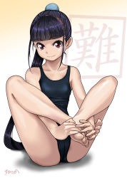 Rule 34 | 1girl, artist name, barefoot, black hair, black one-piece swimsuit, blunt bangs, breasts, brown eyes, cameltoe, commentary request, cropped legs, eyebrows hidden by hair, full body, gradient background, highres, long hair, one-piece swimsuit, original, ponytail, rohitsuka, school swimsuit, small breasts, solo, swimsuit