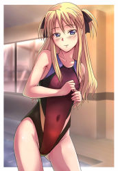 Rule 34 | 1girl, blonde hair, blue eyes, breasts, competition swimsuit, e20, one-piece swimsuit, quiz magic academy, shalon, small breasts, solo, swimsuit