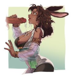 Rule 34 | 1boy, 1girl, after fellatio, animal ears, warrior of light (ff14), bramblefix, breasts, breasts out, brown eyes, brown hair, choker, cum, cum on body, dark-skinned female, dark skin, detached sleeves, facial, final fantasy, final fantasy xiv, hetero, highres, large breasts, looking at another, nipples, open mouth, penis, rabbit ears, rabbit girl, see-through, see-through sleeves, teeth, testicles, tongue, uncensored, viera