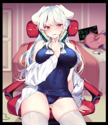Rule 34 | 1girl, animal ears, bare shoulders, blue one-piece swimsuit, blush, breasts, cameltoe, chair, character request, commission, covered navel, cowboy shot, cunnilingus gesture, dog ears, gaming chair, hand up, headphones, highres, jacket, large breasts, long hair, long sleeves, looking at viewer, maplestory, mendou kusai, name tag, naughty face, off shoulder, old school swimsuit, one-piece swimsuit, open clothes, open jacket, open mouth, red eyes, school swimsuit, second-party source, sitting, skindentation, smile, solo, swimsuit, swivel chair, thighhighs, thighs, uneven eyes, v, white hair, white jacket, white thighhighs
