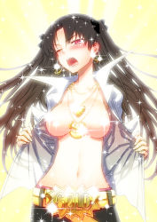 Rule 34 | 1girl, belt, black hair, black pants, black ribbon, blush, breasts, censored, censored nipples, chain, convenient censoring, cosplay, cowboy shot, earrings, fate/grand order, fate (series), flashing, gold chain, hair ribbon, highres, hitotose rin, hoop earrings, ishtar (fate), jewelry, medium breasts, navel, necklace, open clothes, open shirt, pants, popped collar, red eyes, ribbon, sakata kintoki (fate), sakata kintoki (fate) (cosplay), shirt, simple background, solo, sparkle, standing, sweatdrop, two side up, upper body, white background, white shirt
