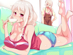 Rule 34 | 2girls, apron, ass, barefoot, breasts, cleavage, couch, d:, d:&lt;, fate/kaleid liner prisma illya, fate/stay night, fate (series), feet, food, kurorettsu, large breasts, legs up, leysritt (fate), long hair, lying, multiple girls, on stomach, open mouth, popsicle, red eyes, sella (fate), sexually suggestive, shiny skin, shorts, strap slip, summer, the pose, v-shaped eyebrows, white hair