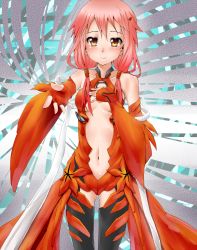 Rule 34 | 10s, 1girl, bare shoulders, black thighhighs, breasts, center opening, cleavage, detached sleeves, elbow gloves, fingerless gloves, gloves, guilty crown, hair ornament, hairclip, hand on own chest, highres, long hair, looking at viewer, navel, nurie, outstretched arm, pink hair, red eyes, small breasts, smile, solo, thighhighs, twintails, yuzuriha inori