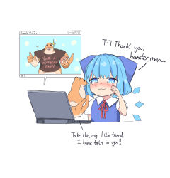 Rule 34 | 1girl, animal, blue bow, blue dress, blue eyes, blue hair, blush, bow, cirno, closed mouth, collared shirt, commentary, computer, dress, english commentary, english text, fairy wings, hair bow, hamster, hand up, highres, holding, holding animal, ice, ice wings, laptop, looking at another, meme, neck ribbon, nose blush, personification, puffy short sleeves, puffy sleeves, red ribbon, ribbon, shirt, short hair, short sleeves, simple background, smile, sparkle, tears, thumbs up, touhou, vanilla flan, white background, white shirt, window (computing), wings, wiping tears