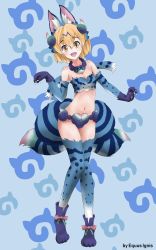 Rule 34 | 10s, 1girl, :d, absurdres, animal ears, animal hands, artist name, bare shoulders, beads, blonde hair, blue background, boots, breasts, claws, commentary, elbow gloves, english commentary, equus ignis, fangs, full body, gloves, hair between eyes, highres, japari symbol, kemono friends, knees together feet apart, looking at viewer, medium breasts, midriff, multiple tails, navel, open mouth, paw gloves, prayer beads, serval (kemono friends), shiisaa right, shiserval right, short hair, simple background, smile, solo, standing, standing on one leg, striped tail, tail, thighhighs, two tails, yellow eyes