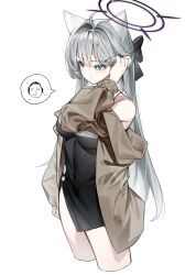 Rule 34 | 1girl, absurdres, adjusting hair, animal ears, black bow, black dress, black halo, blue archive, bow, broken halo, brown jacket, cosplay, dress, grey eyes, grey hair, hair bow, halo, hashtag-only commentary, highres, jacket, kayoko (blue archive), kayoko (blue archive) (cosplay), kayoko (dress) (blue archive), long hair, mismatched pupils, open clothes, open jacket, shiroko (blue archive), shiroko terror (blue archive), simple background, solo, sugar (dndi888), white background, wolf ears, wolf girl