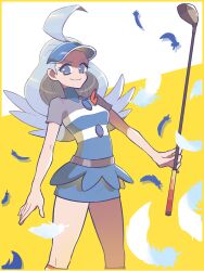 Rule 34 | 1girl, ahoge, blue eyes, blue hair, blue hat, breasts, commentary request, creatures (company), feathers, game freak, golf club, hat, holding, holding golf club, kahili (pokemon), looking at viewer, mayuzumi, medium breasts, miniskirt, mole, mole under eye, nintendo, pokemon, pokemon sm, shirt, skirt, smile, solo, standing, two-tone background, visor cap, white background, yellow background